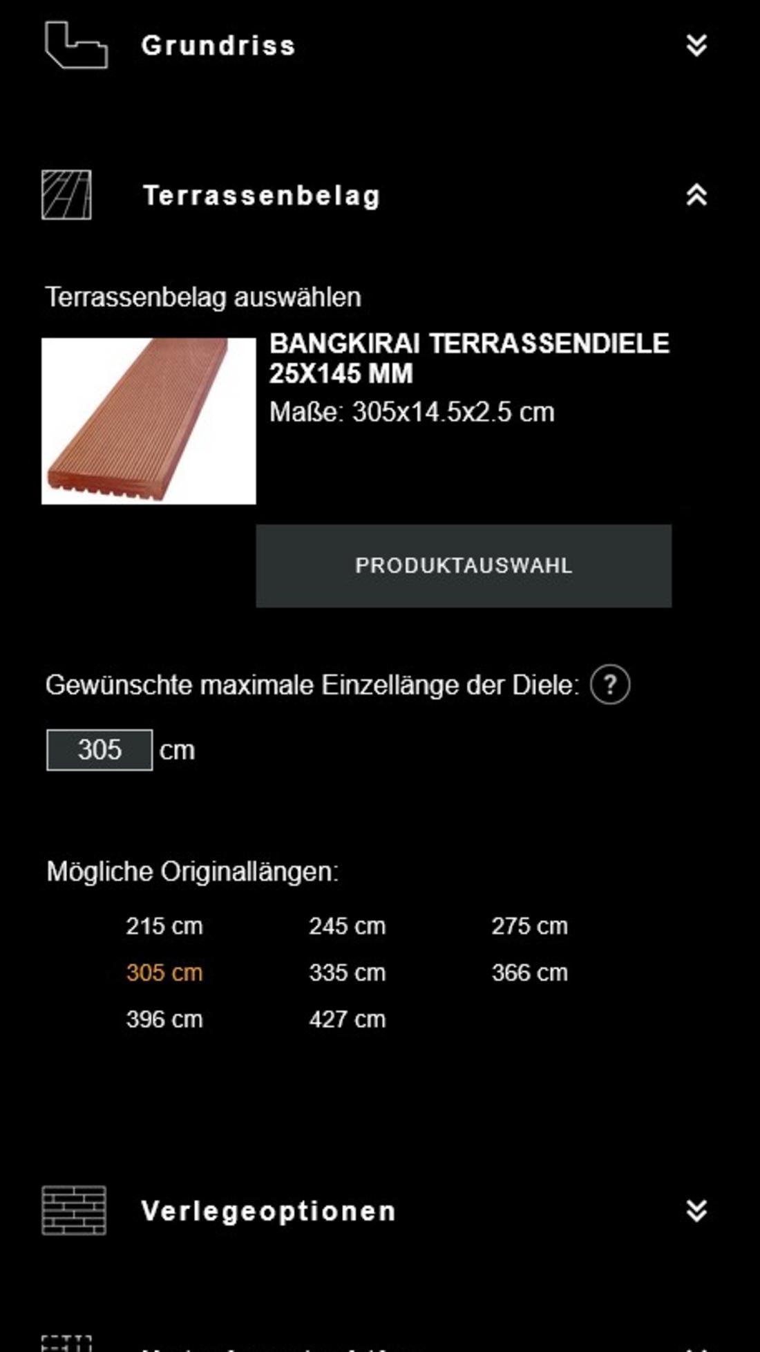 Auswahlmenü im JOKA Terrassenkonfigurator mit gewähltem Bangkirai-Terrassendielenprofil in 25×145 mm und ausgewählter Länge von 305 cm
