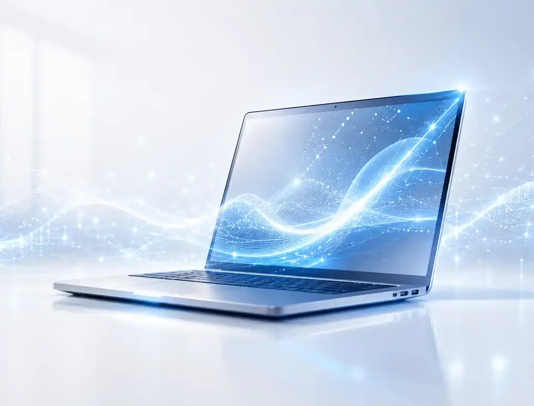 Aufgeklapptes Notebook mit abstrakter, leuchtender Datenwelle auf dem Bildschirm – Sinnbild für digitale Datenverarbeitung
