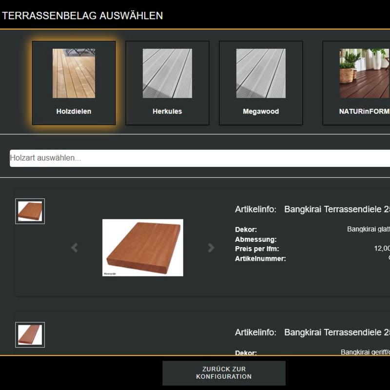 Auswahlmaske im JOKA Terrassenkonfigurator mit Bangkirai-Terrassendielen 25×145 mm in zwei Dekorvarianten und Preisangabe von 12,00 €/lfm