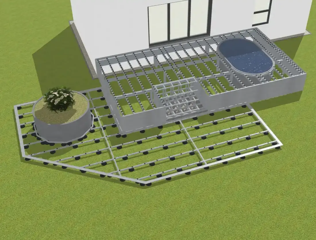 3D-Modell einer Aluminium Terrassenunterkonstruktion mit integriertem Whirlpool und Pflanzkübel und Podeststufen