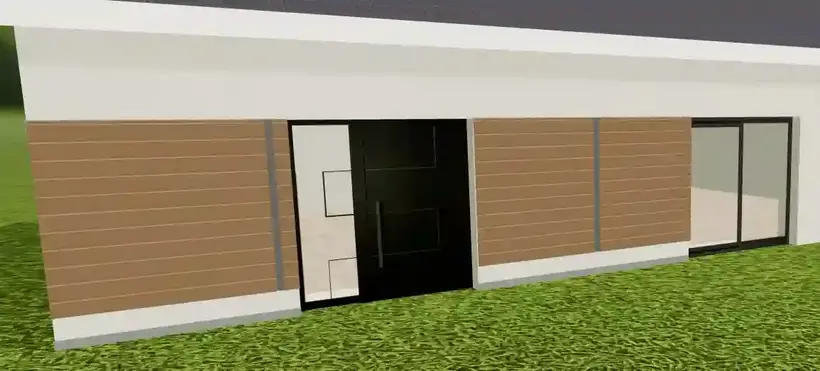 A modern entrance area with glazing and a wooden façade featuring horizontal slats, combined with light-colored plaster surfaces and panels