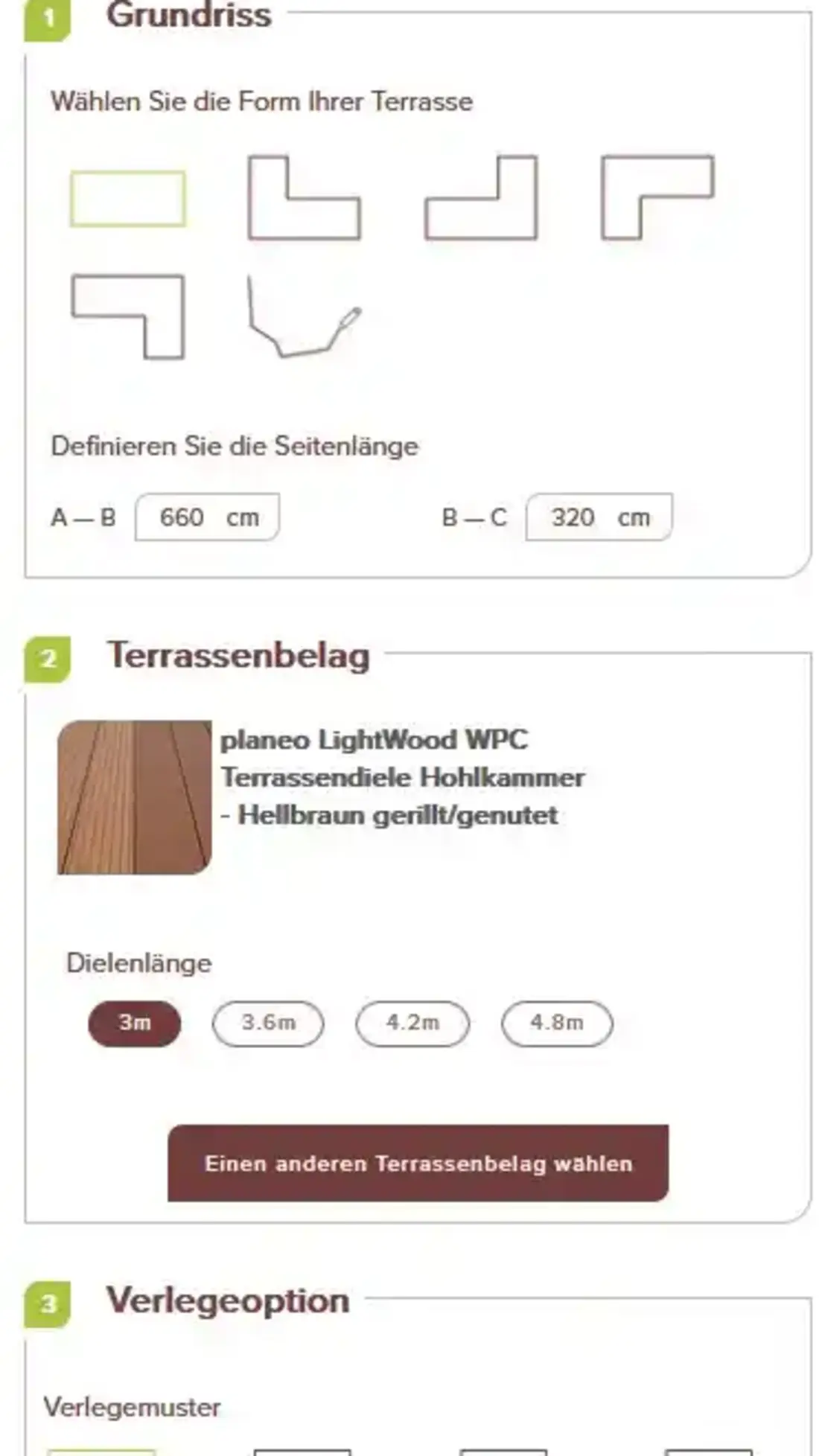 Bedienpanel des Planeo Terrassen-Konfigurators: Formauswahl, Seitenlängen und Belagauswahl.