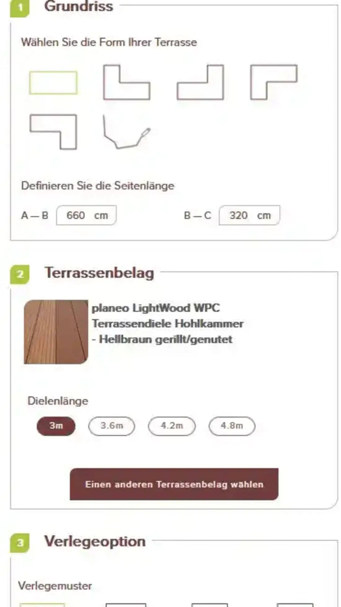 Ausschnitt des Konfigurators mit Auswahl des Grundrisses und Eingabe der Seitenlängen und Optionen für den Deckbelag und das Verlegemuster