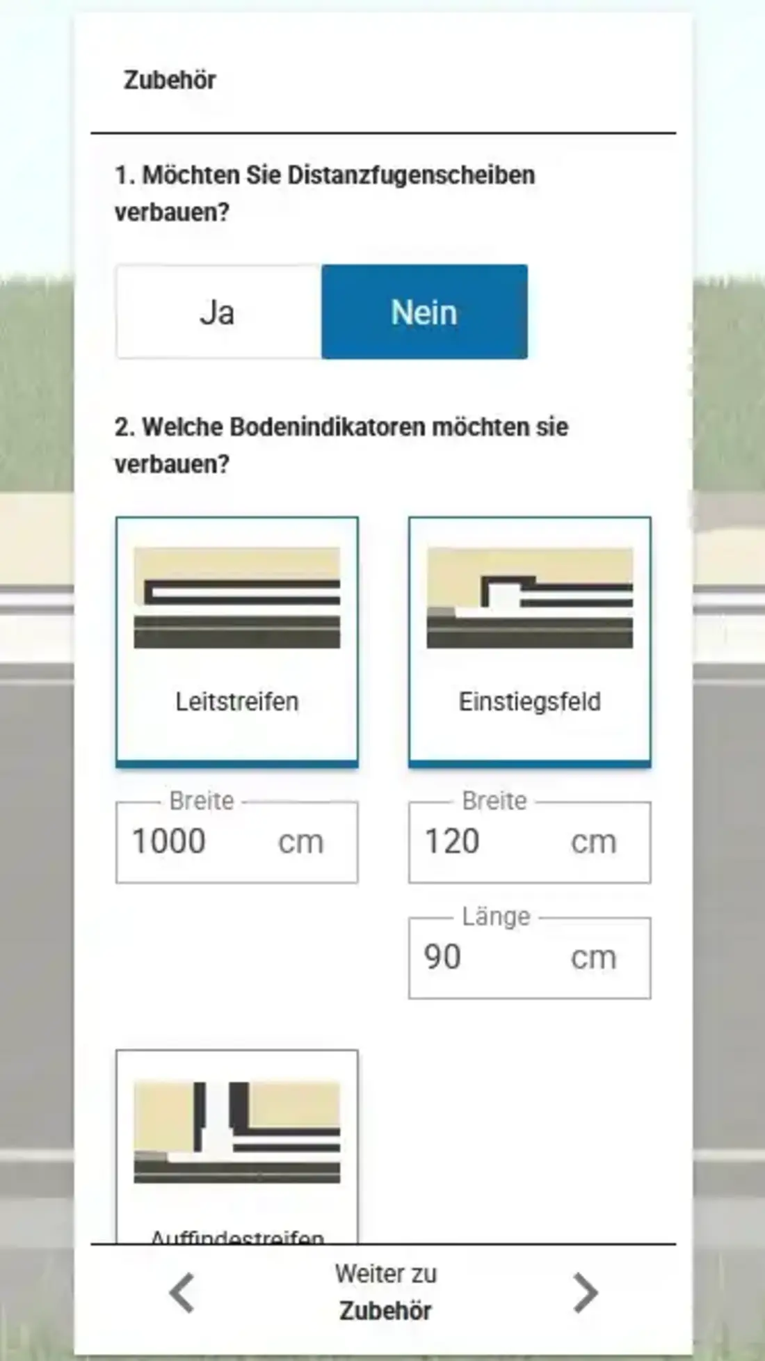 User interface of a digital planning tool with selection options for accessible floor indicators such as guide strips and entry fields