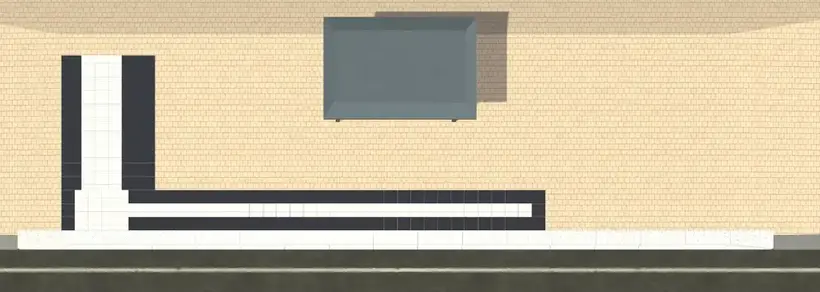 Top view of an accessible bus stop with high-contrast floor indicators and a covered waiting area