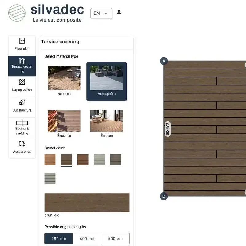 Desktop-Ansicht des Silvadec-Konfigurators: Auswahl von Belagsart, Farbe und Dielenlänge für die Terrasse.