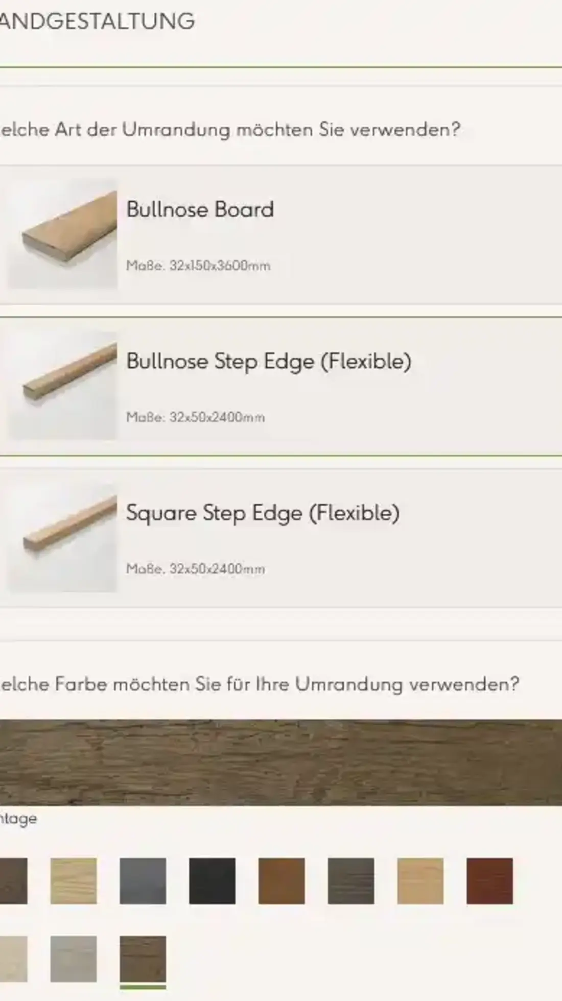 Konfigurationsschritt Umrandung mit Profilauswahl und Farbwahl Vintage für die Terrassenkante.