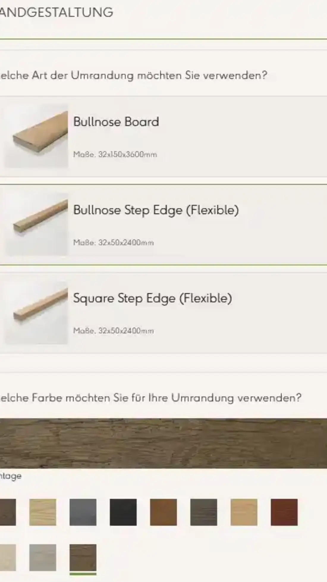 Menü zur Randgestaltung einer Terrasse mit flexiblen Millboard Stufenkanten in verschiedenen Profilen und Farben