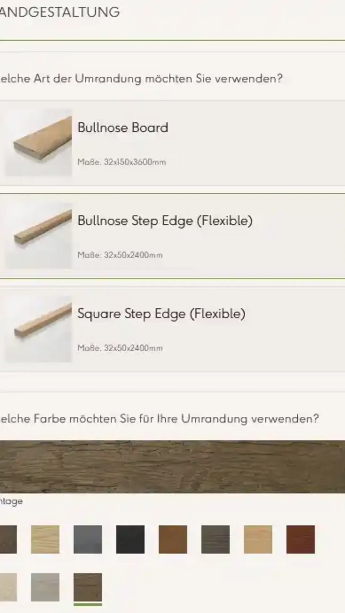 Konfigurationsschritt Umrandung mit Profilauswahl und Farbwahl Vintage für die Terrassenkante.