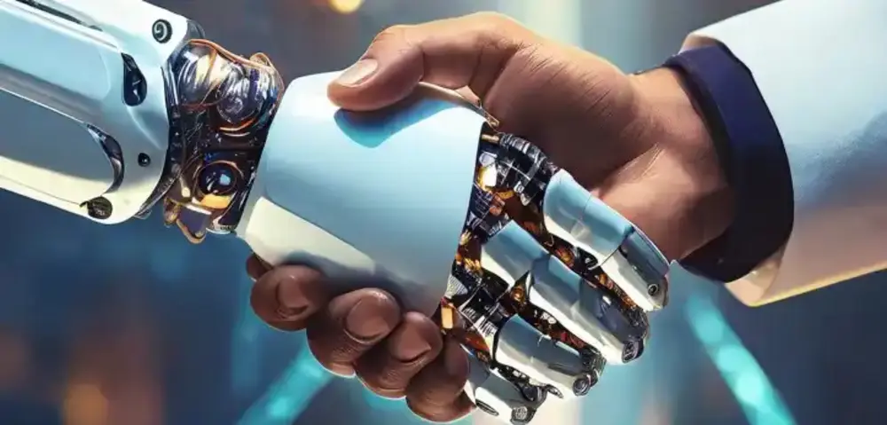 Human arm in suit shakes robot hand Symbol of cooperation between humans and AI Trust and automation