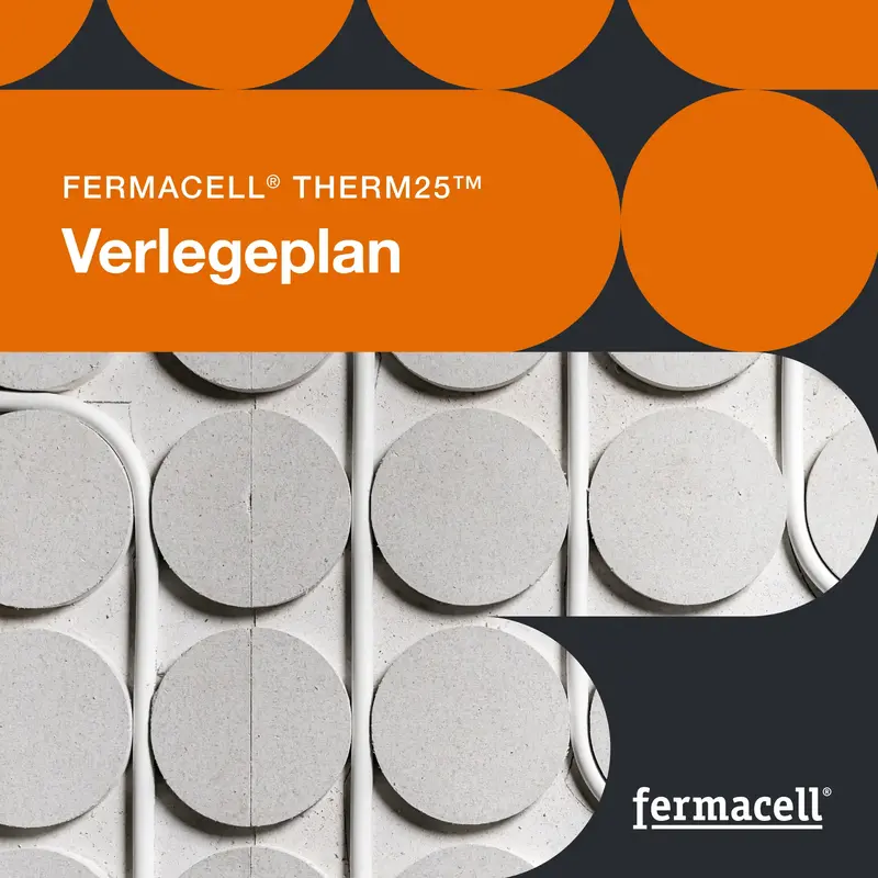 Titelseite des Verlegeplans für Fermacell THERM25 mit markiertem Zuschnittbereich, Kreismuster in Orange und Fermacell-Platten.