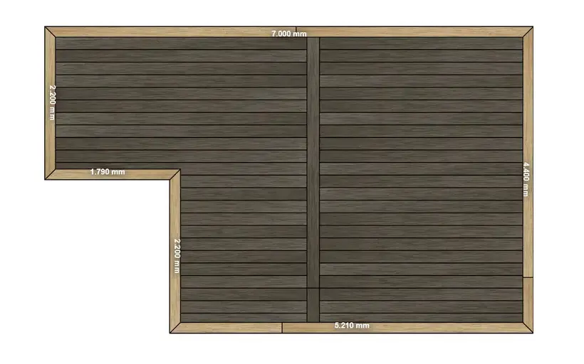 Top view of terrace Frame board around the perimeter Terrace boards laid crosswise Dimensions in millimeters