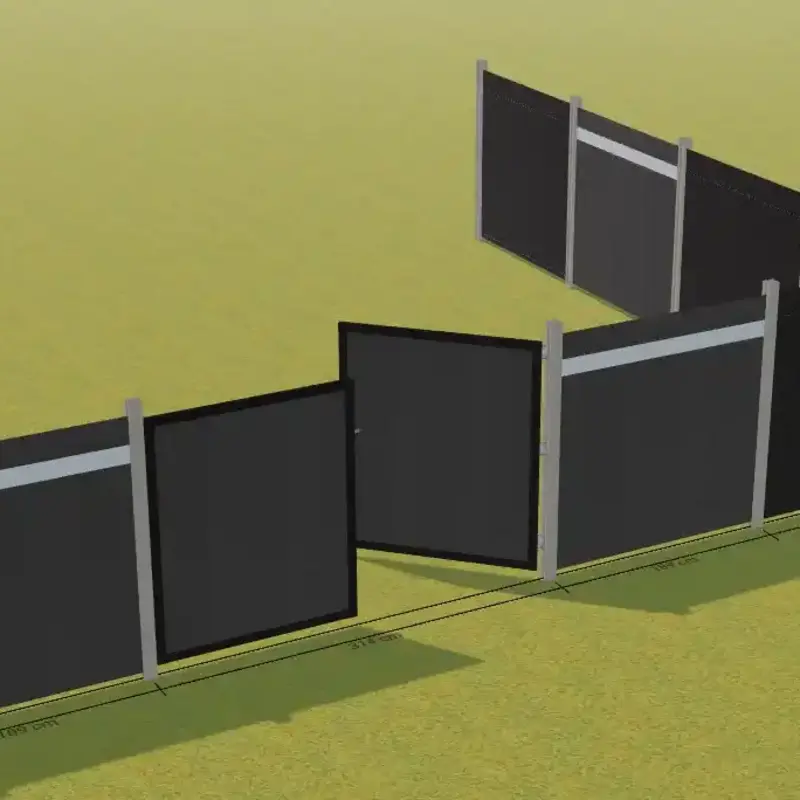 3D-Darstellung eines modularen Sichtschutzs in Anthrazit mit Aluminium Pfosten und integrierter Toranlage