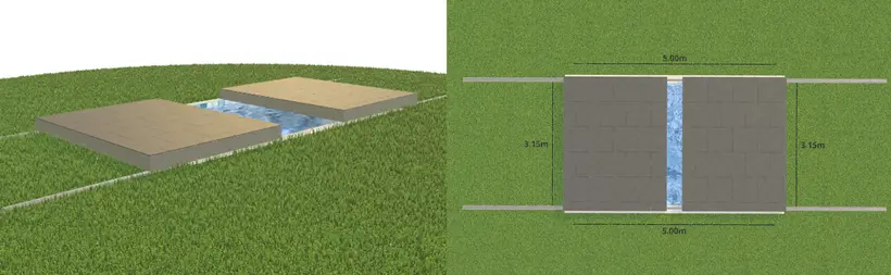 Pool deck with two sliding surfaces, open water area in the center, left perspective, right top view with dimensions