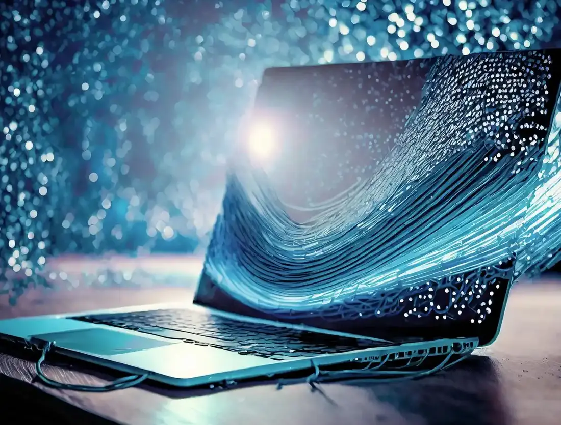Laptop aus dessen Bildschirm blaue Lichtströme fließen Symbol für digitalen Datenfluss und Leadgenerierung