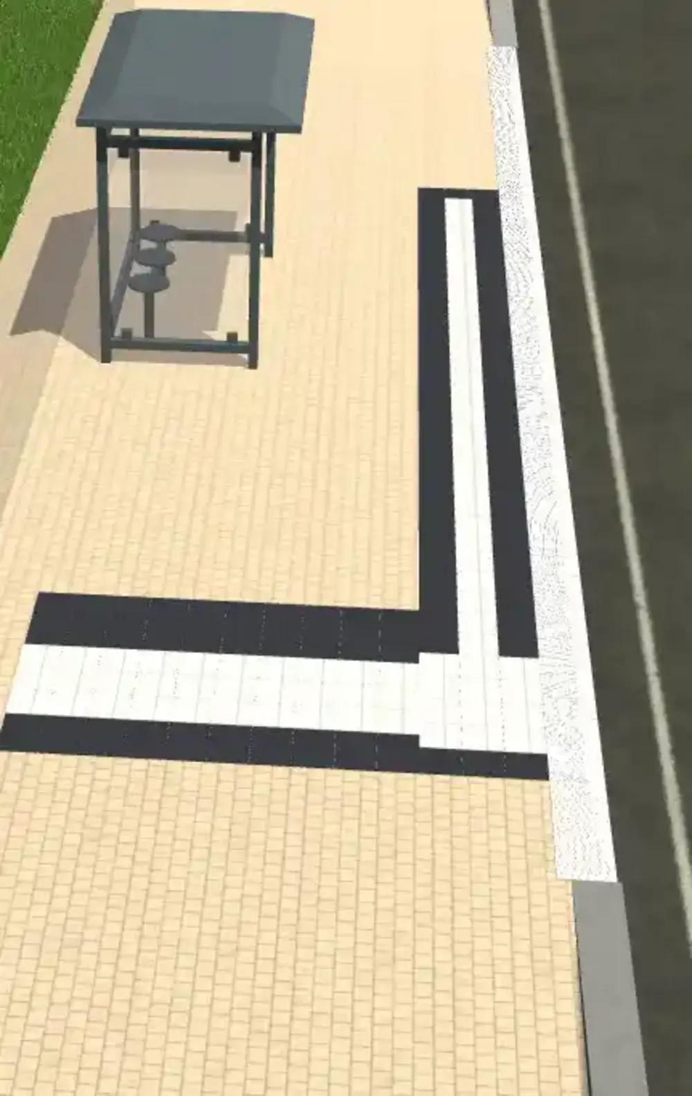 Barrier-free bus stop with covered seating and high-contrast guide strips provides safe guidance for people with disabilities