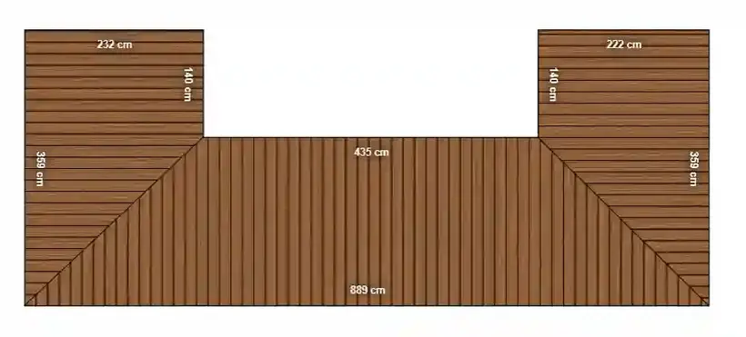 Terrace design L shaped wooden terrace with miter cut Angled corner joints Top view Dimensions in cm