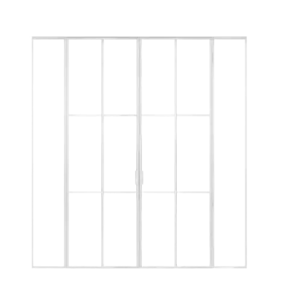 White loft door with two glass panels, fixed side elements, straight lines, and minimalist design