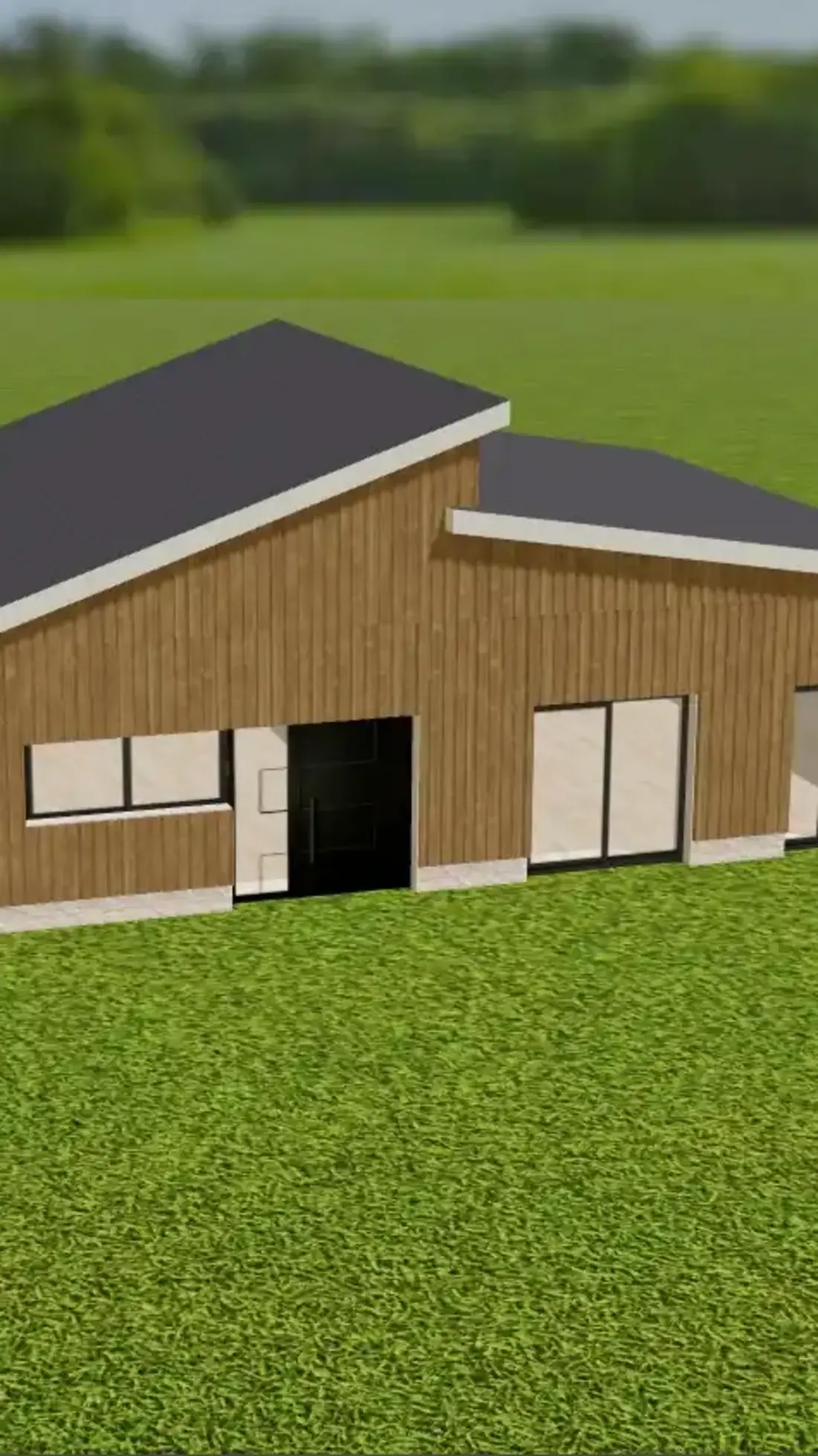 3D-Visualisierung eines eingeschossigen Gebäudes mit dunklem Pultdach und senkrechter Holzfassade.
