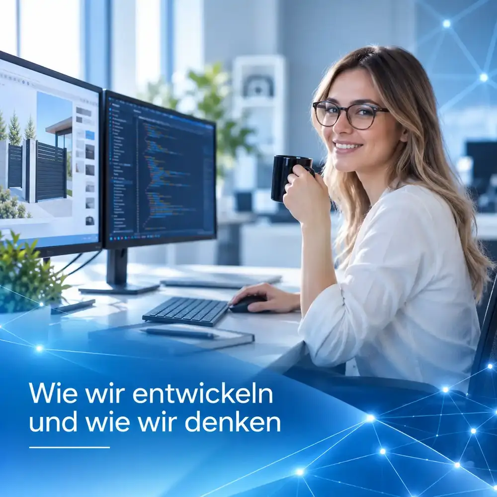 Softwareentwicklerin am Arbeitsplatz mit zwei Monitoren bei der Entwicklung digitaler Lösungen.