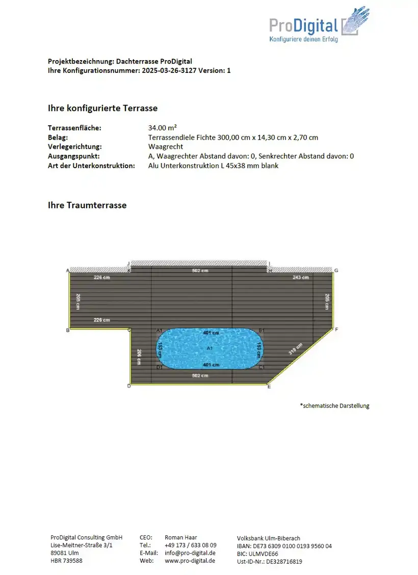 Terrace planning PDF 34 m² Spruce wood decking Horizontal substructure Aluminium Construction plan Pool recess included