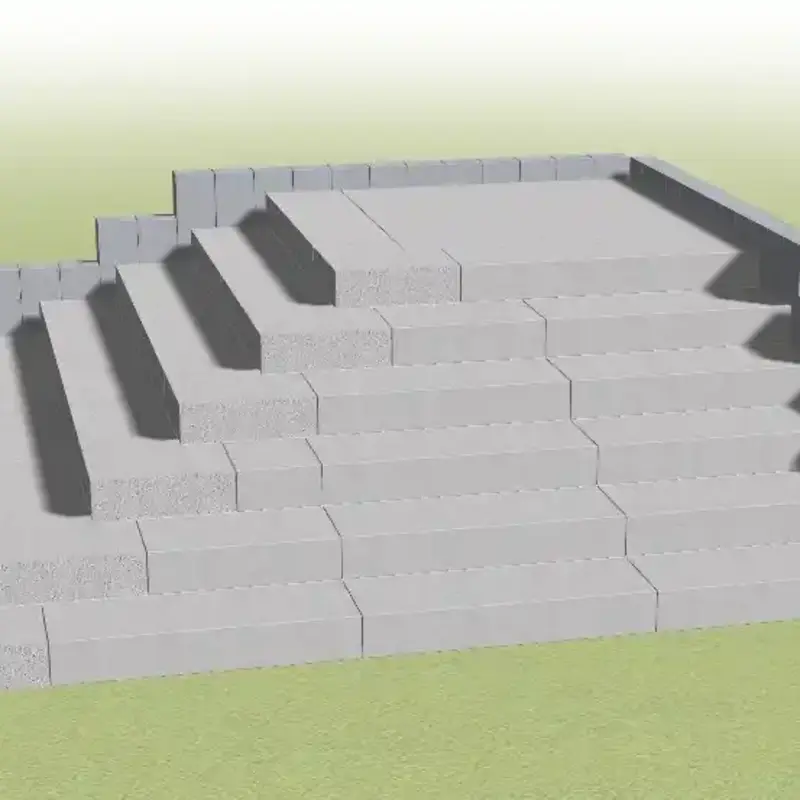 Spacious outdoor staircase with five wide block steps and edge protection on both sides with offset landing on the side