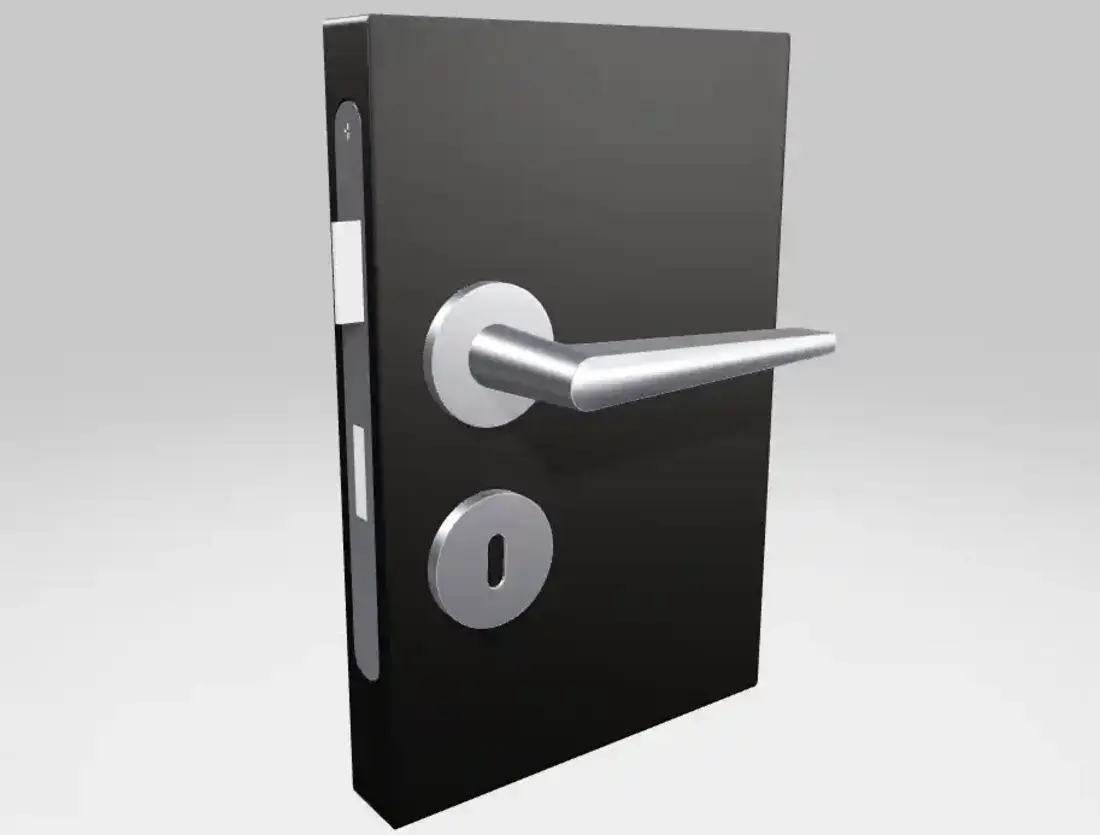 3D-Visualisierung eines Türdrückers mit Schlüsselschild an einer dunklen Tür, seitlich perspektivisch dargestellt.