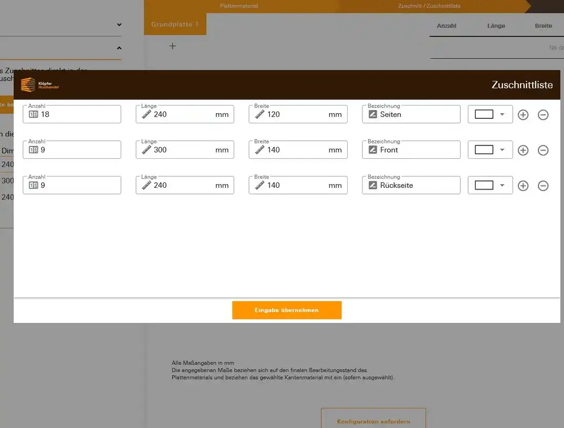 Screenshot des Klöpfer Zuschnittplaner mit Eingabemaske für Plattenzuschnitte